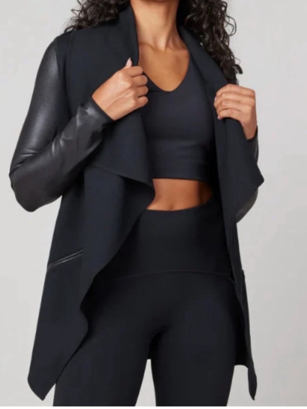 Spanx 3X Jacket Drape Front Ponte Faux Leather Details in Very Black pockets NWT